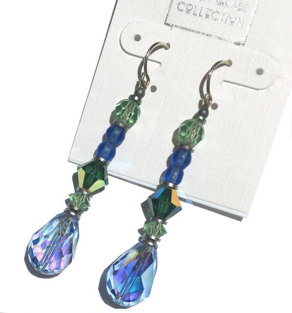 Light Sapphire Earrings, Austrian Crystal Drops with Peridot and Tourmaline Austrian Crystal Accents, Czech Glass in Frosted Blue, Style 500