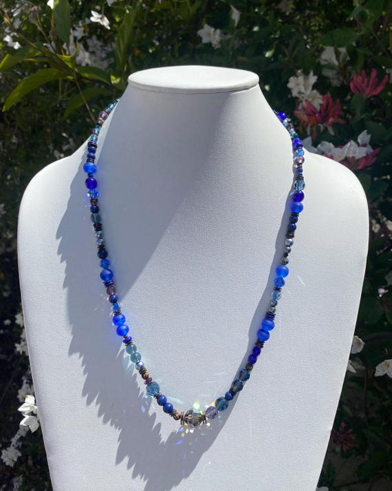 24 Inch Necklace, Shades of Blue, Czech Glass and Austrian Crystal, Rare Glass, Cobalt, Sapphire, Amethyst, Handmade, Art Deco, "Blue Moon"