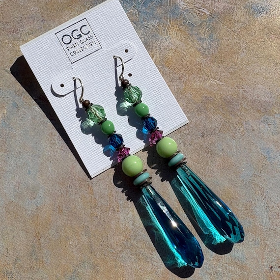 Turquoise Chandelier Earrings, Peridot Fuchsia Accents, Antiqued Bronze Sterling Silver