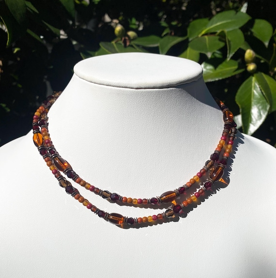 32 Inch Beaded Necklace: Shades of Topaz, Garnet, Crystal, Bronze, Art Deco