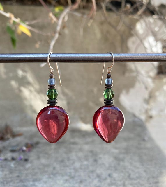 Dark Rose Earrings, Pink Glass Earrings with Tourmaline Green Austrian Crystal, Frosted Indigo Czech Glass, Art Deco, Bronze, "Almonds 9"