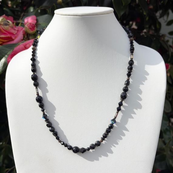 24 Inch Jet Necklace, Austrian Crystal, Czechoslovakian Glass, Antiqued Bronze, Art Deco Style