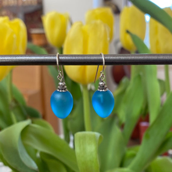 Frosted Turquoise Earrings, German Glass Drops with Antiqued Silver Accents, Sterling Silver, Bright Blue Earrings, "Berries 56"