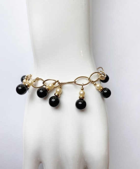 Charm Bracelet, Jet Glass and Pearl Coated Glass Charms, Gold Link Bracelet, Black and Gold Bracelet, Pearl Bracelet, "Bubbles 80"