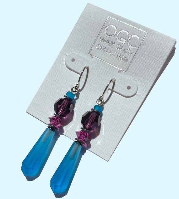 Frosted Turquoise Prism Earrings, Antique Czech Glass, Vintage Art Deco Glass, Amethyst and Fuchsia Austrian Crystal Accents, Style 148