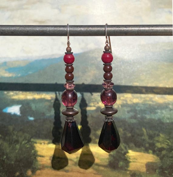 Amethyst Dangle Earrings: Czech Glass, Bronze Accents, Sterling Silver Wires