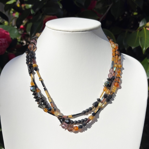 60 Inch Crystal Necklace; Czech Glass, Austrian Crystal, Topaz, Bronze, Art Deco