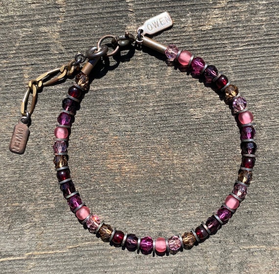 Crystal Stackable Bracelet, Shades of Rose, Pink, Amethyst and Smoke Topaz, Austrian Crystal, Czech Glass, Antiqued Bronze, "Bang Bang Bang"