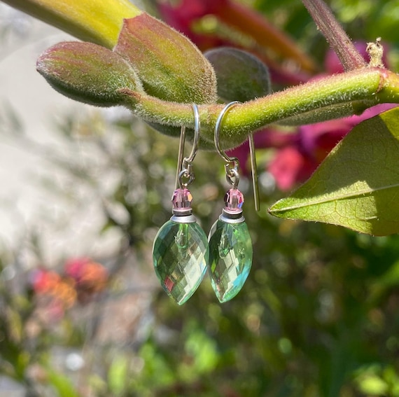 Peridot and Pink Earrings, Pastel Green German Glass Drops with Light Pink Austrian Crystal Top Beads, Rare Glass, "Birdsong 17"