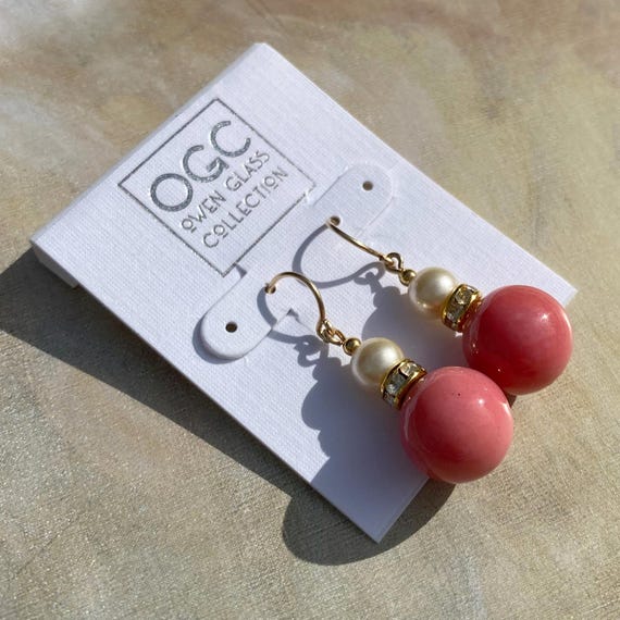 Coral Glass Earrings, Antique Czech Glass with Crystal Pearls, Gold Trim, "Holiday 5"