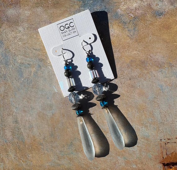 Frosted Light Sapphire Prism Shoulder Duster Earrings: Antique Czech Glass, Crystal, Bronze