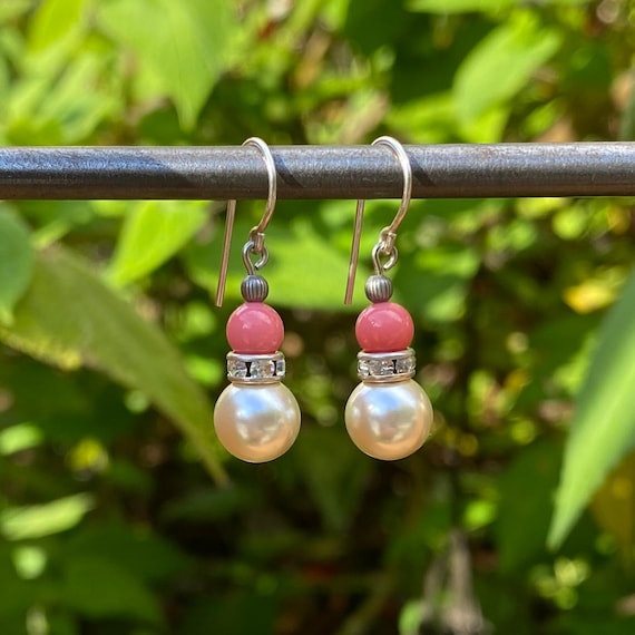 Crystal Pearl Dangle Earrings: Pink Czech Glass, Rhinestones, Silver