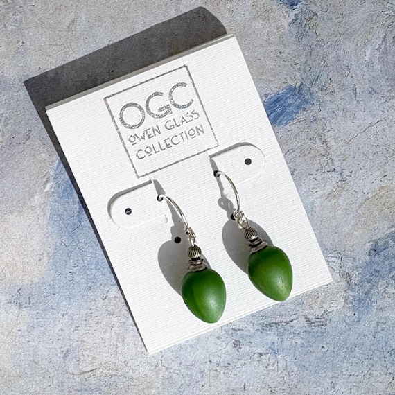 Opaque Green Glass Drop Earrings: Sterling Silver, Handmade