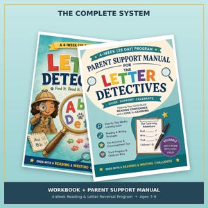 May include: A workbook and parent support manual titled The Letter Detectives, a 4-week reading program for ages 7-9. The covers feature illustrations of a detective, magnifying glasses, paw prints, and a checklist for reading, writing, and thinking.