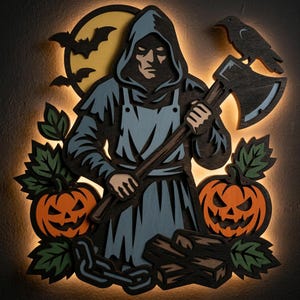 May include: A layered wooden wall art piece featuring a hooded figure in a blue apron holding an axe with a crow perched on top. The scene includes two orange jack-o'-lanterns, green leaves, a yellow moon, flying bats, and a metal chain.