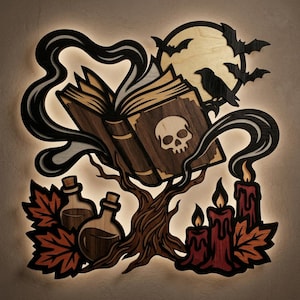 May include: A layered wooden wall art piece featuring an open book with a skull on the cover, surrounded by swirling smoke. The design includes a full moon with a raven and bats, two glass potion bottles, three red candles, and autumn leaves.