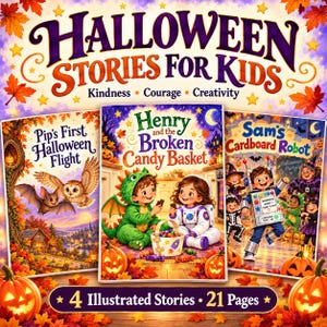 May include: A book titled Halloween Stories for Kids featuring three illustrated covers: Pip's First Halloween Flight, Henry and the Broken Candy Basket, and Sam's Cardboard Robot. The cover includes 4 Illustrated Stories and 21 Pages.