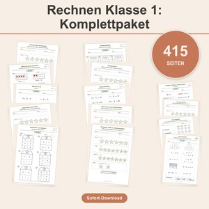 Könnte beinhalten: Eine Sammlung von Mathe-Arbeitsblättern für die 1. Klasse mit dem Titel Rechnen Klasse 1: Komplettpaket, bestehend aus 415 Seiten mit Rechenaufgaben wie Addition, Subtraktion und Zahlenzerlegung, verfügbar als Sofort-Download.