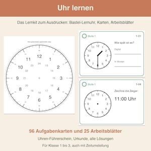 Puede incluir: Un kit de aprendizaje imprimible para aprender a leer la hora, que incluye una esfera de reloj circular con números del 1 al 12 y del 13 al 24, junto a dos tarjetas de tareas rectangulares para escribir la hora o dibujar las manecillas.