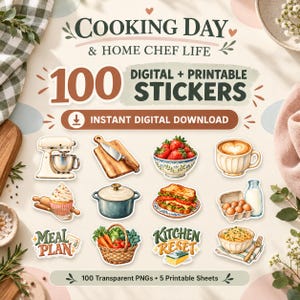 May include: A digital and printable sticker set titled Cooking Day & Home Chef Life featuring 100 items. Illustrations include a stand mixer, cutting board with knife, strawberries, latte, cupcake, pot, sandwich, eggs, milk, meal plan text, basket of vegetables, and kitchen reset text.