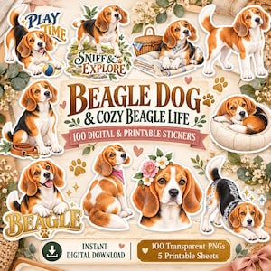 100 digitale und druckbare Beagle-Planer-Sticker, Goodnotes-PNGs, gemütliches Tagebuch für Hundeliebhaber, Sofort-Download