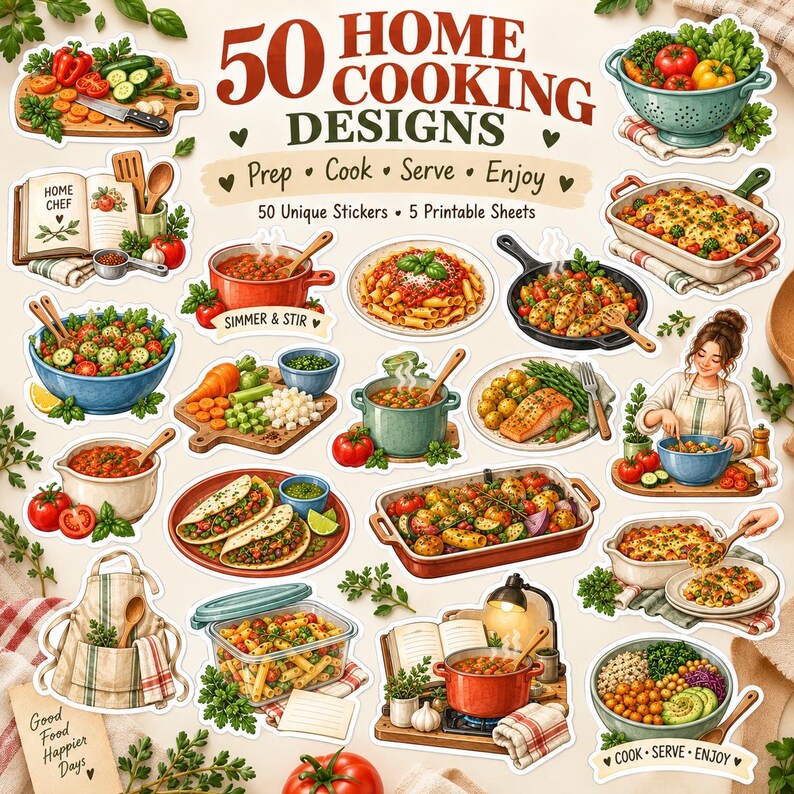 Cooking Printable Stickers, Home Chef & Cozy Kitchen Planner Journal ...