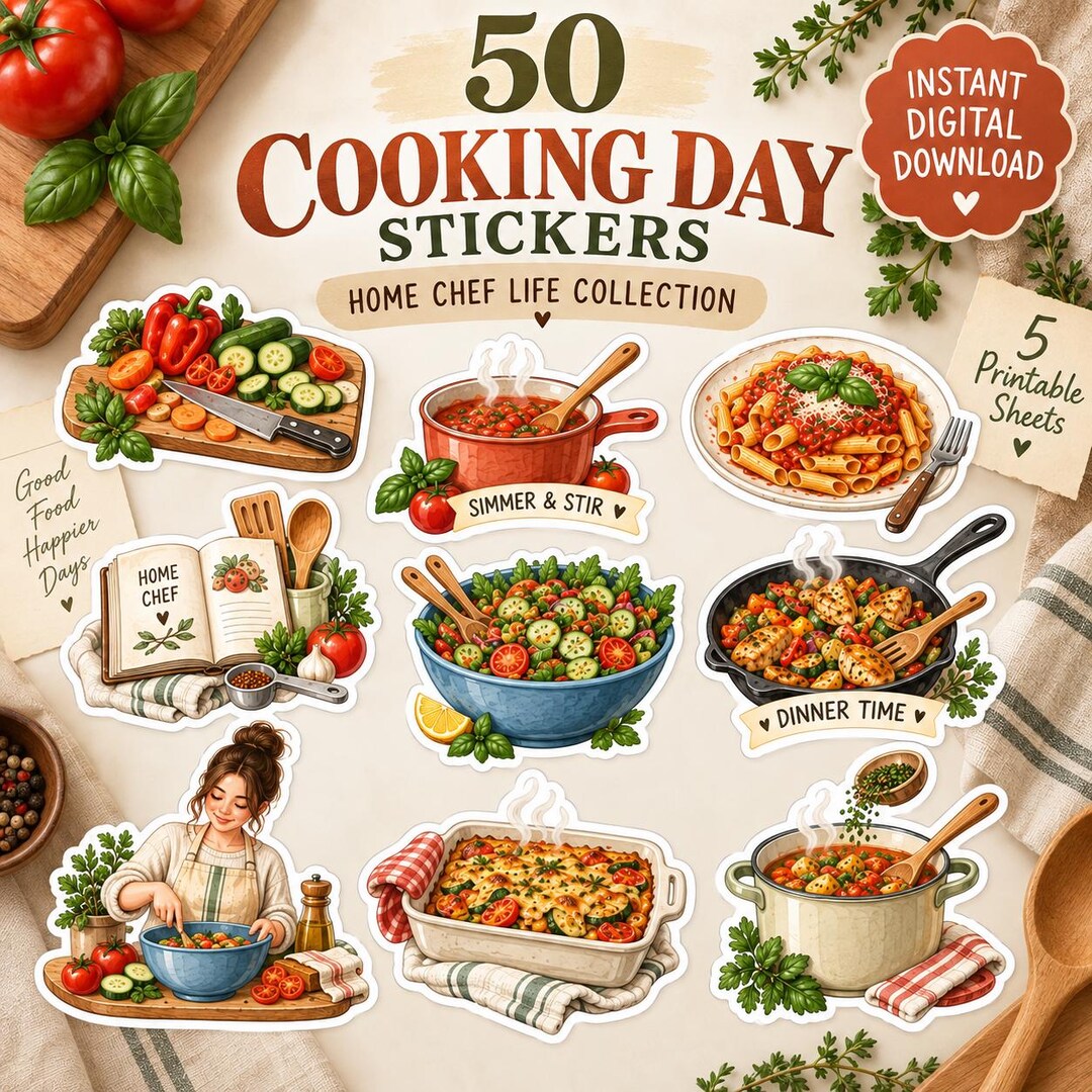 Cooking Printable Stickers, Home Chef & Cozy Kitchen Planner Journal ...