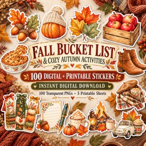 Peut inclure: Une collection d'autocollants numériques intitulée Fall Bucket List & Cozy Autumn Activities comprenant 100 motifs imprimables, dont des citrouilles, des glands, des feuilles d'automne, une caisse de pommes, une tarte, des bottes et des tasses.