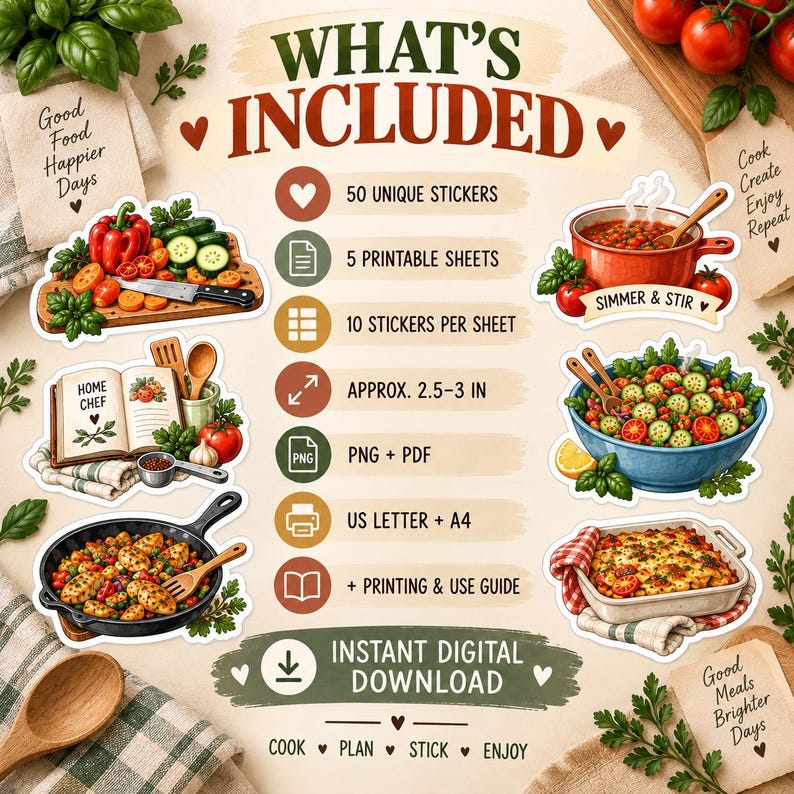 Cooking Printable Stickers, Home Chef & Cozy Kitchen Planner Journal ...