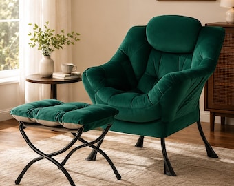 Velvet Lazy Chair with Ottoman, Comfy Reading Accent Chair, Modern Green Armchair