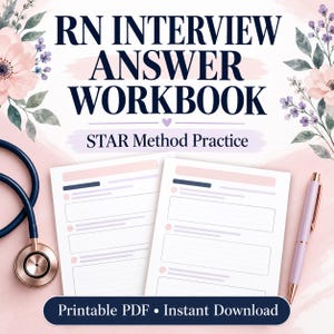 Puede incluir: Un cuaderno de trabajo para entrevistas de enfermería con el texto STAR Method Practice, Printable PDF e Instant Download. Incluye dos páginas blancas con secciones rayadas, un estetoscopio azul oscuro y un bolígrafo rosa claro.