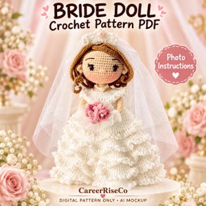 May include: A crochet bride doll wearing a white tiered dress, a veil with a tiara, and holding a pink bouquet. The text reads BRIDE DOLL Crochet Pattern PDF, Photo Instructions, and CareerRiseCo DIGITAL PATTERN ONLY AI MOCKUP.