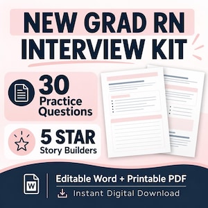 Puede incluir: Kit de entrevista para enfermeros graduados con dos páginas de documentos blancas y detalles en rosa. El texto incluye 30 Practice Questions, 5 Star Story Builders, Editable Word + Printable PDF e Instant Digital Download en azul y rosa.