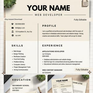 May include: A professional web developer CV template digital download featuring a beige layout with black text. Sections include profile, skills, experience, and education. The document includes placeholders for contact information, job history, and academic background.