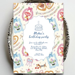 May include: A rectangular birthday party invitation with a cream background featuring a repeating pattern of cartoon characters in ornate frames, bows, and stars. The center has a scalloped white border with a cake illustration and text.