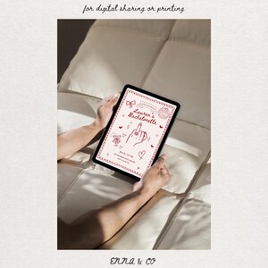 May include: A digital tablet displaying a bachelorette party invitation with red line art on a white background. The design features a hand with a ring, a disco ball, a bow, and the text Lauren's Bachelorette. The invitation is for digital sharing or printing.