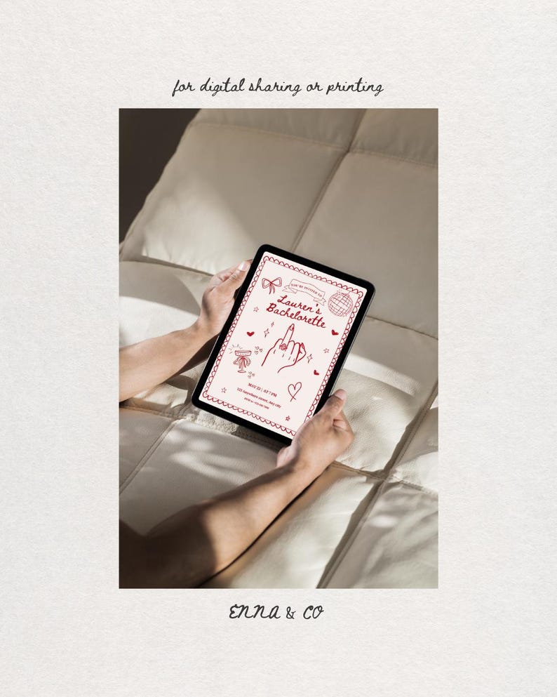 May include: A digital tablet displaying a bachelorette party invitation with red line art on a white background. The design features a hand with a ring, a disco ball, a bow, and the text Lauren's Bachelorette. The invitation is for digital sharing or printing.