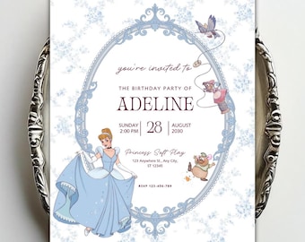 May include: A rectangular birthday party invitation featuring a light blue floral background and a central ornate blue oval frame. The text reads you're invited to the birthday party of Adeline, Sunday 2:00 PM, 28 August 2030, Princess Soft Play, 123 Anywhere St., Any City, ST 12345, RSVP 123-456-789. It includes illustrations of a character in a blue gown and three small mice.