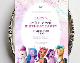 May include: A rectangular birthday party invitation featuring a pastel pink and purple watercolor background with gold glitter accents. The text reads: YOU'RE INVITED TO LUCY'S cutie mark BIRTHDAY PARTY AUGUST 13TH 2 PM 123 ANYWHERE ST, ANY CITY, ST 12345 RSVP TO LAUREN 123-456-789. Five colorful cartoon ponies are illustrated at the bottom.