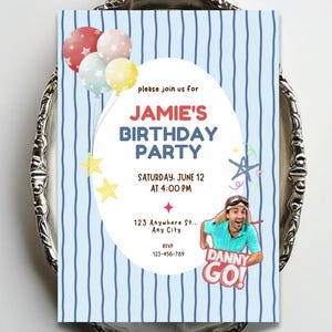 May include: A rectangular birthday party invitation featuring a light blue background with vertical dark blue stripes. It displays colorful balloons, yellow stars, and text reading: please join us for JAMIE'S BIRTHDAY PARTY, SATURDAY, JUNE 12 AT 4:00 PM, 123 Anywhere St., Any City, RSVP 123-456-789, and DANNY GO! with a person wearing goggles.