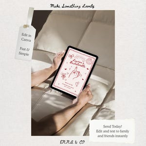 May include: A digital tablet displaying a bachelorette party invitation with red line art graphics including a ring, disco ball, and bow. The text reads Lauren's Bachelorette, Make Something Lovely, Edit in Canva Fast & Simple, and Send Today!
