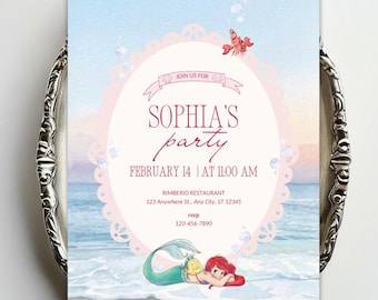 May include: A rectangular party invitation card featuring a watercolor ocean scene with a mermaid and a crab. The text reads: JOIN US FOR SOPHIA'S party FEBRUARY 14 | AT 11:00 AM RIMBERIO RESTAURANT 123 Anywhere St., Any City, ST 12345 rsvp 123-456-7890.