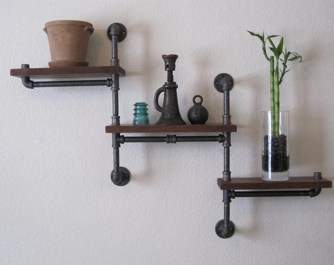 Double Pole Three Tier Walnut Pipe Shelf Etsy