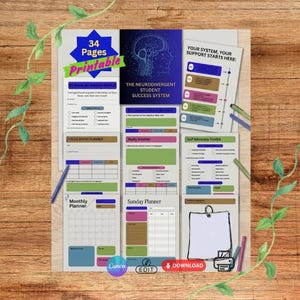 May include: A 34-page printable neurodivergent student success system featuring various planners and toolkits. The documents include sections titled My Brain My Success Profile, Focus Sprint Planner, Study Smarter, Self Advocacy Toolkit, Monthly Planner, and Sunday Planner with colorful headers and text.