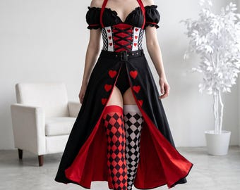 May include: A black and red dress featuring a corset-style bodice with heart and diamond patterns, a black choker with a red heart, a small gold crown, and mismatched red and black diamond-patterned thigh-high stockings with black platform shoes.