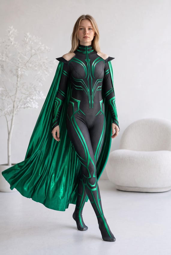 Green Supervillain Cosplay Bodysuit with Cape, Goddess of Death Catsuit, Comic Con Halloween Costume, Superhero Jumpsuit with Back Zipper