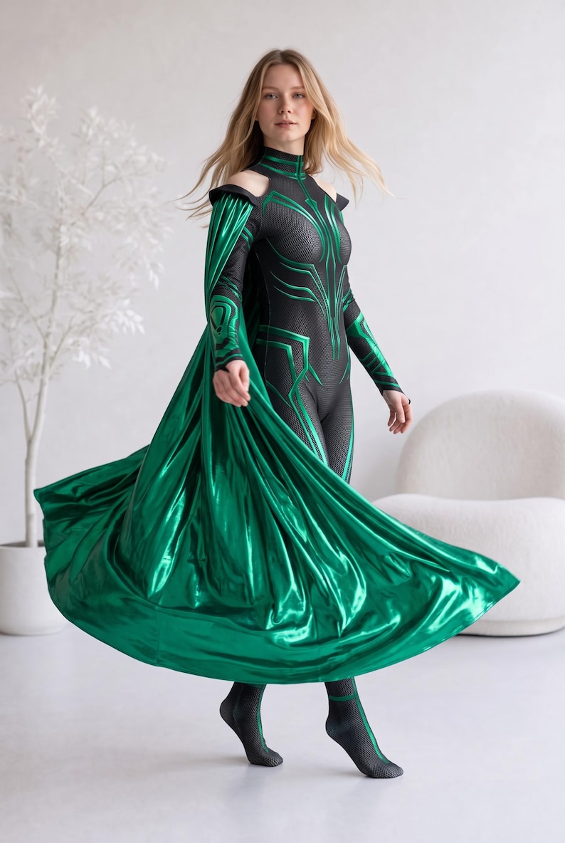 May include: A black bodysuit featuring a high neck, cold-shoulder cutouts, and long sleeves with metallic green geometric patterns. A long, flowing, metallic green cape is attached to the shoulders, creating a dramatic silhouette with a vibrant sheen.