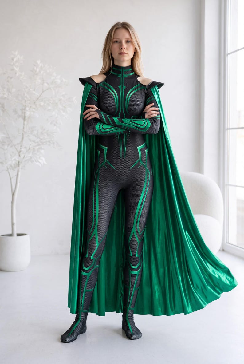 May include: A black and green full-body jumpsuit featuring a high neck, cold-shoulder cutouts, and long sleeves. The garment has a textured pattern with metallic green accents and is paired with a long, flowing, solid metallic green cape.