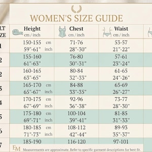 May include: A size guide chart titled WOMEN'S SIZE GUIDE with columns for size, alt size, height, chest, waist, and hips. The table displays measurements in both centimeters and inches for sizes ranging from XS to XXXL, featuring icons for body parts.