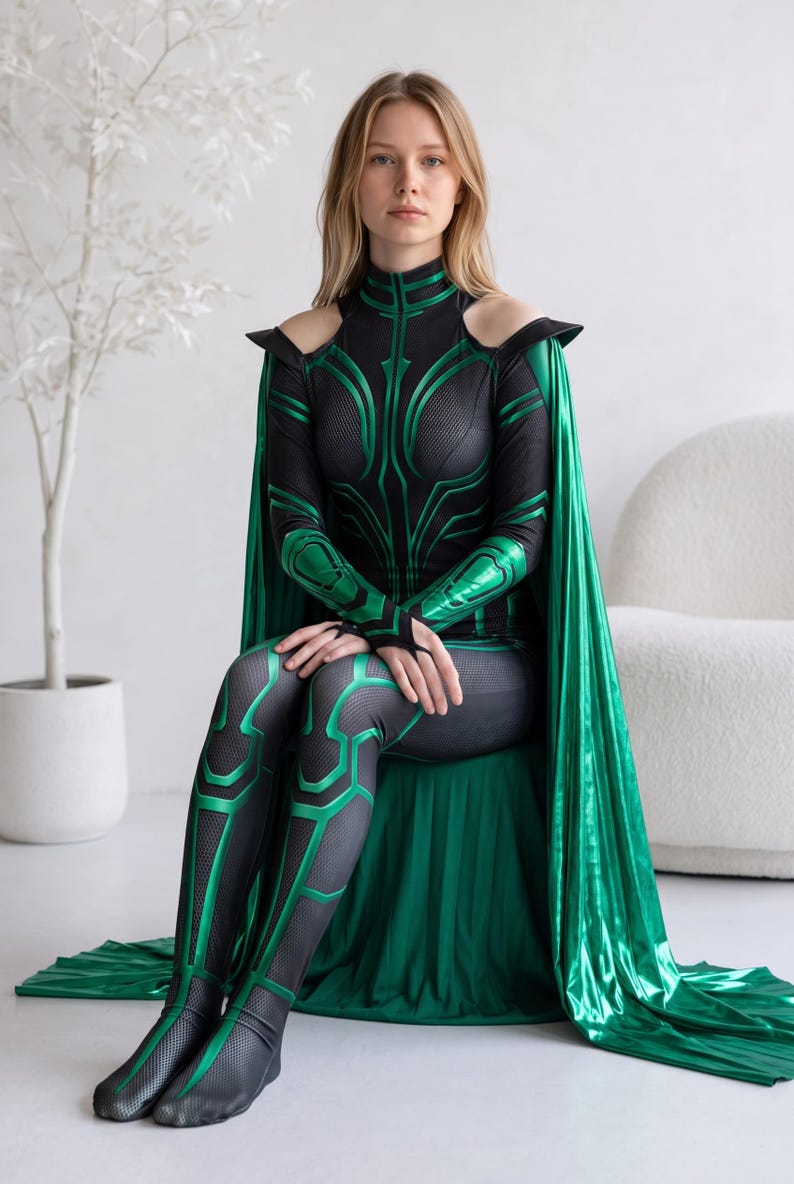 May include: A full-body costume featuring a black and metallic green bodysuit with a textured, honeycomb-like pattern and geometric green accents. The outfit includes a high-neck design, cold-shoulder cutouts, and a long, flowing metallic green cape.
